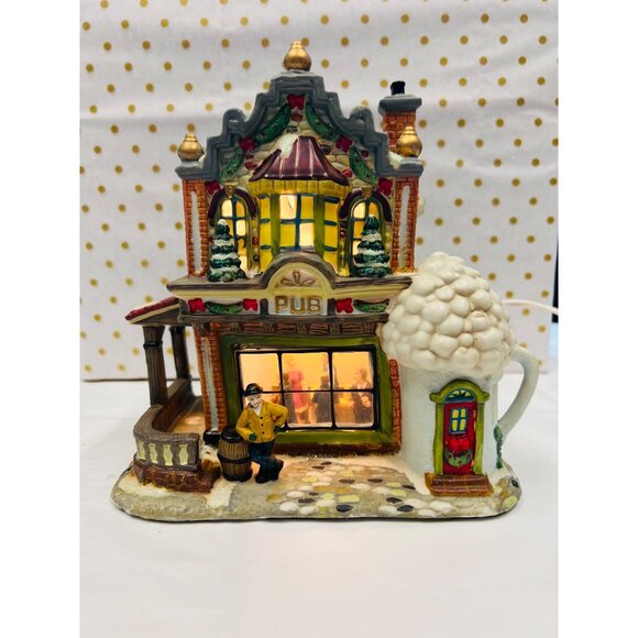 Holiday Time Village Collectibles Ceramic Light-Up Christmas Pub - Picture 1 of 12